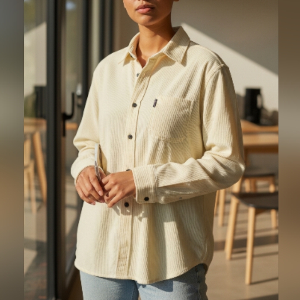 EUC Ezze Wear L Yellow 100% Cotton Textured Crinkle Snap Button Down Shirt!